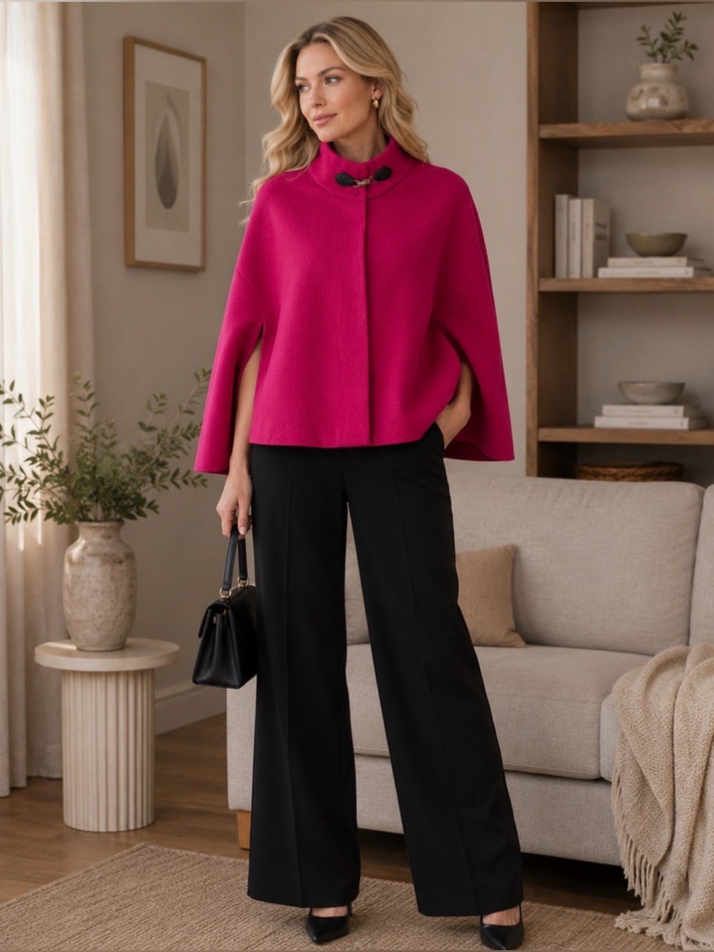 Libero Milano Fuchsia Cape Sweater with Leather Clasp – Made in Italy